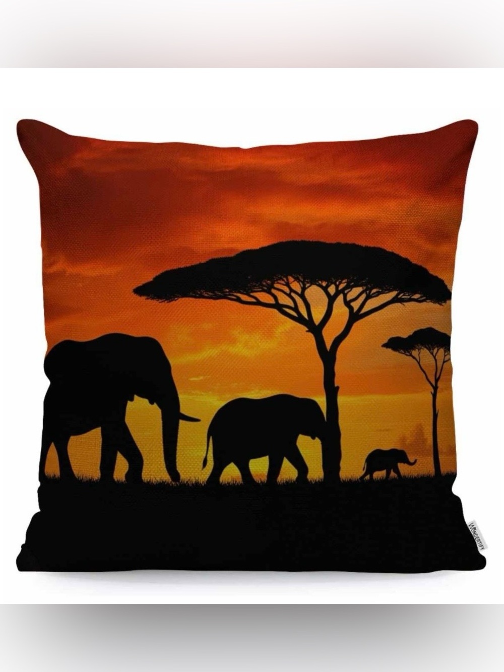 African Elephant Family BURLAP Pillow Cover 100% Cotton SQUARE 18x18” - ORANGE